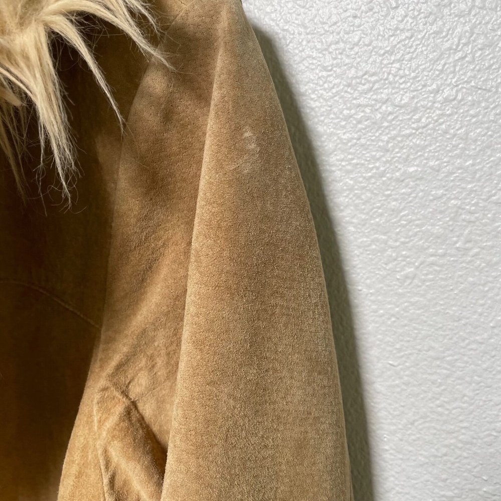 Vintage Wilson's Suede Leather Tan Faux Fur Trim Boho Y2K Coat Jacket Large JLO - Picture 8 of 12